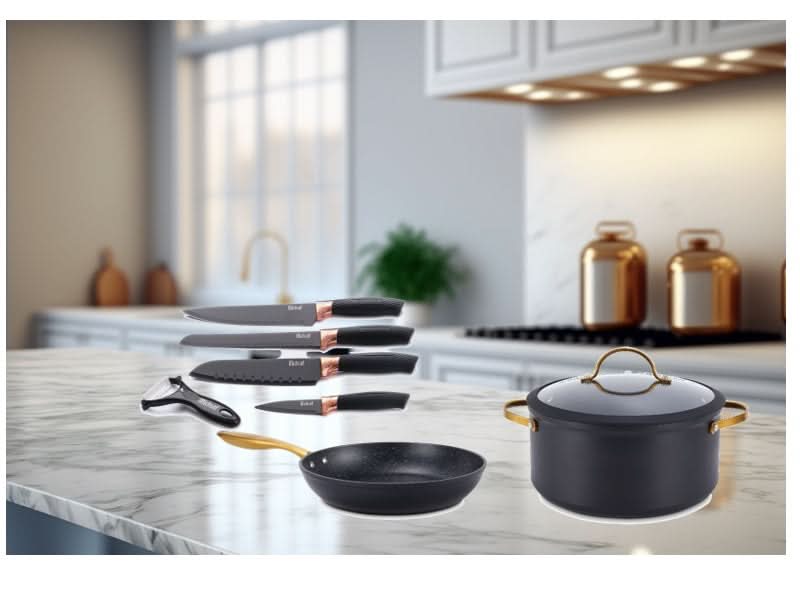 פספרטו – סט מחבת 24 ס"מ וסיר 24 ס"מ Black &Gold+סט 4 סכינים שוהם מבית MICHSAF black