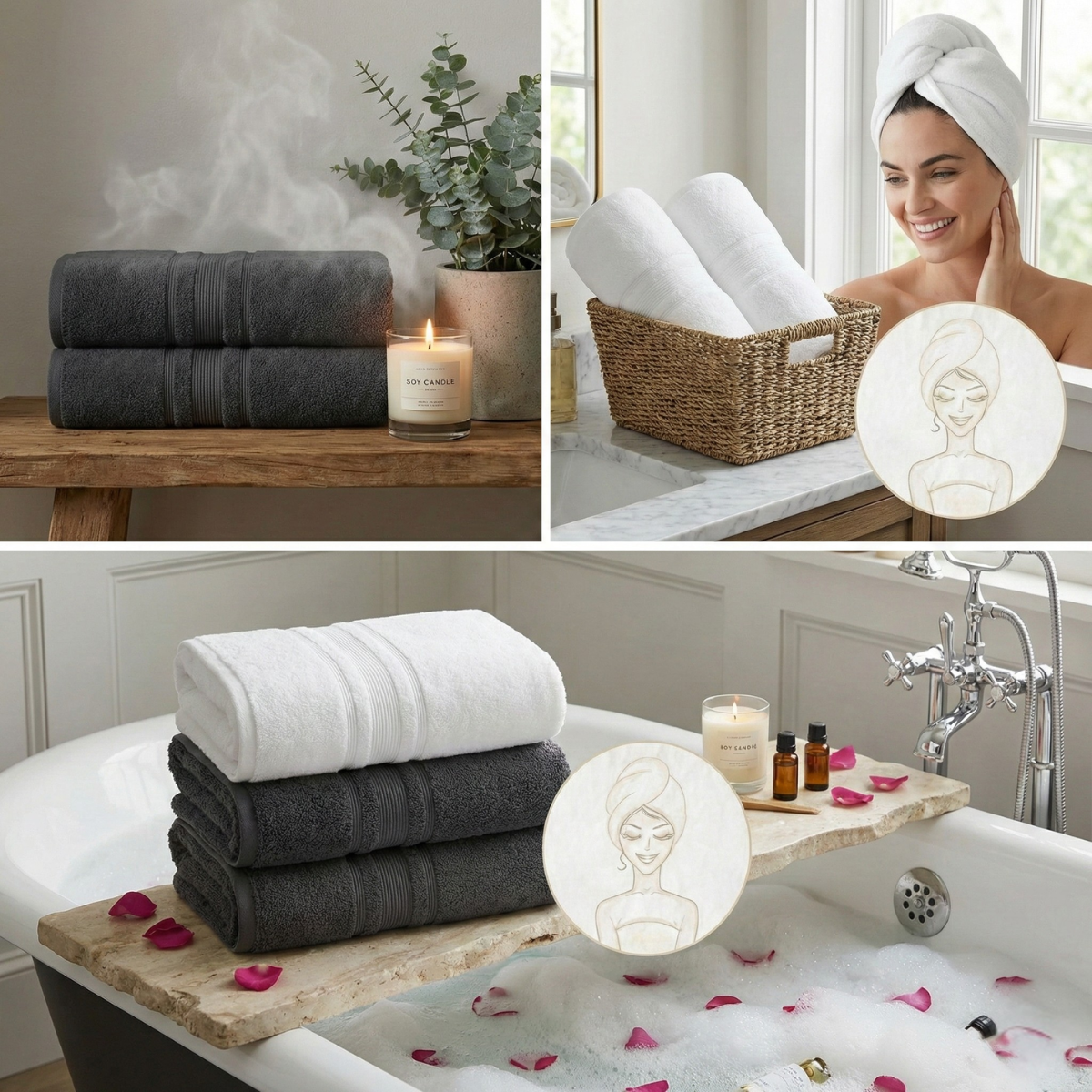 מארז אמבטיה פרימיום של פספרטו: 2 מגבות פנים לבנות + 2 מגבות גוף לבחירה + מגבת לשיער לבחירה