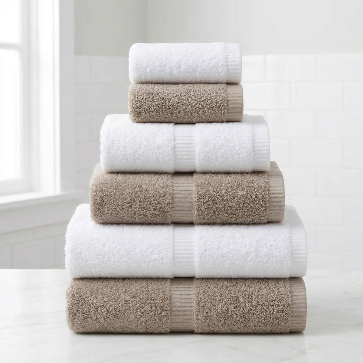 מארז 6 מגבות פרימיום | לבן - אבן | 100% כותנה - במשקל 650 למ״ר