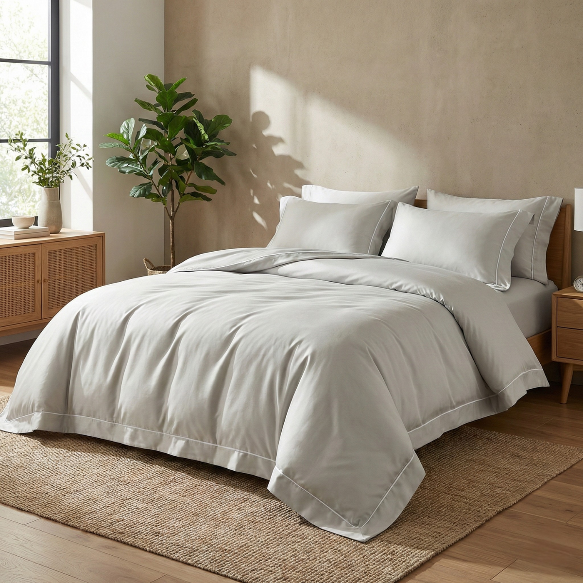 סט כותנה סאטן 500 – אפור- ציפיות אוקספורד עם מסגרת רקומה בלבן