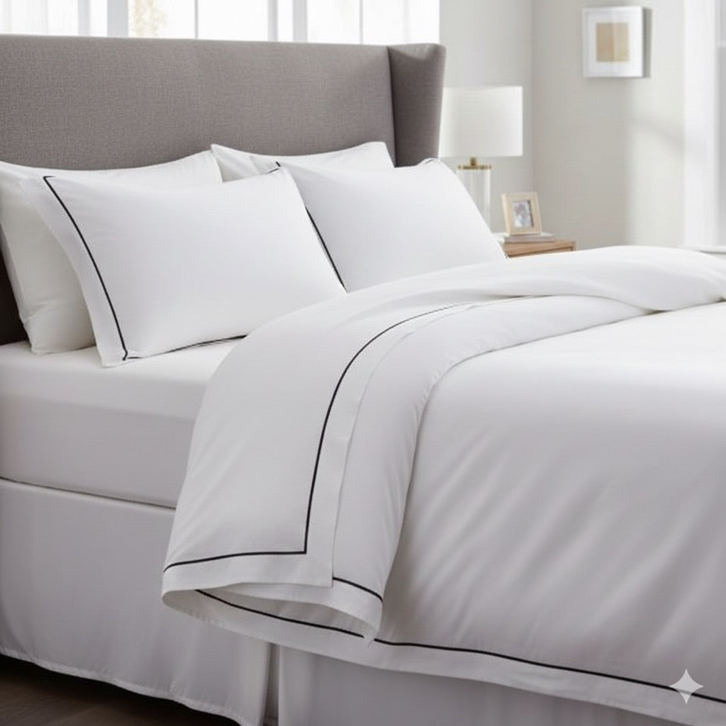 מלכת אנגליה - כותנה מצרית - סט סאטן 500 עם מסגרת רקומה בשחור Luxury White