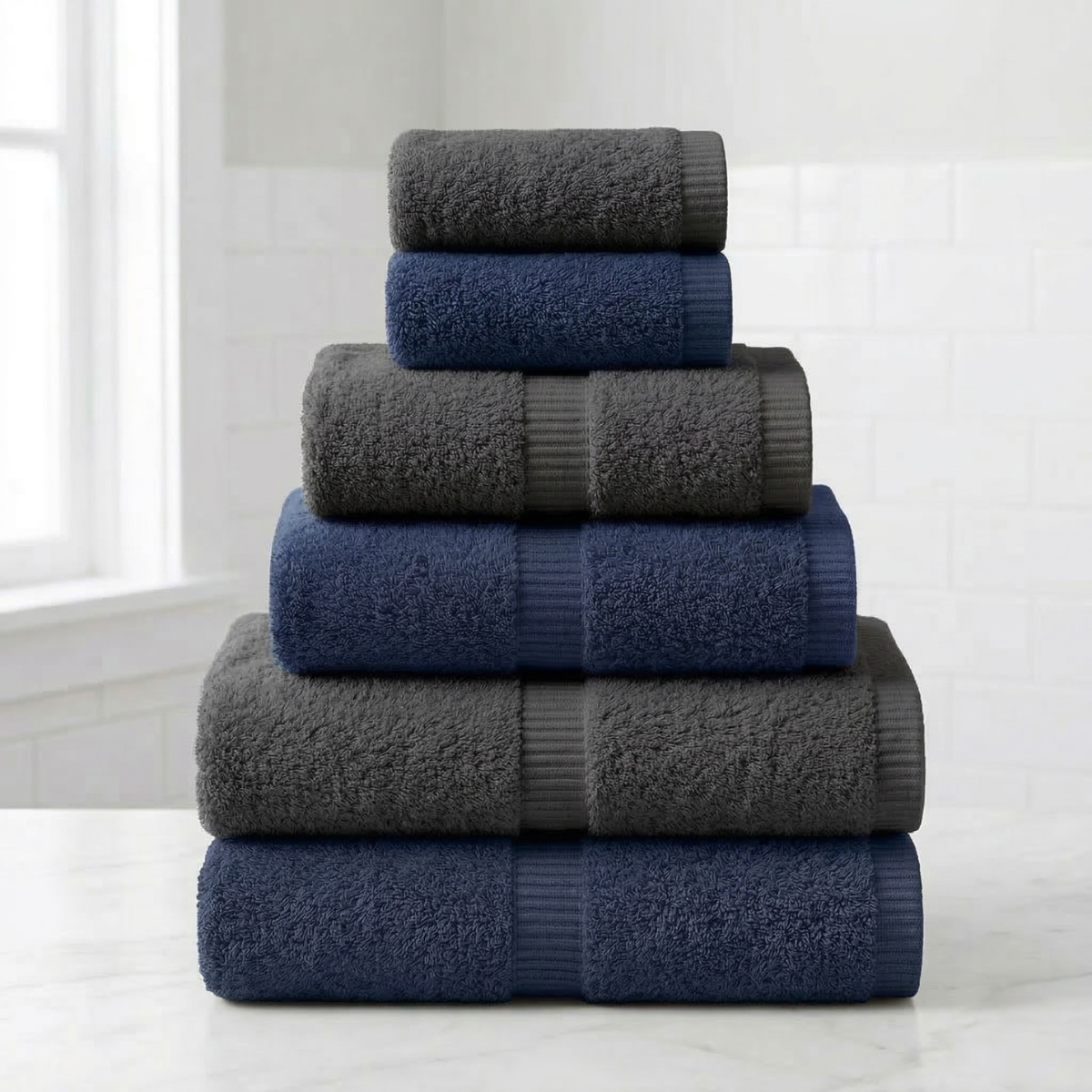 מארז 6 מגבות פרימיום  | אפור-נייבי | 100% כותנה  -  במשקל 650 למ״ר