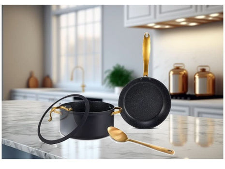 סיר 28+מחבת 28+כף הגשה Black &Gold מבית MICHSAF - פספרטו